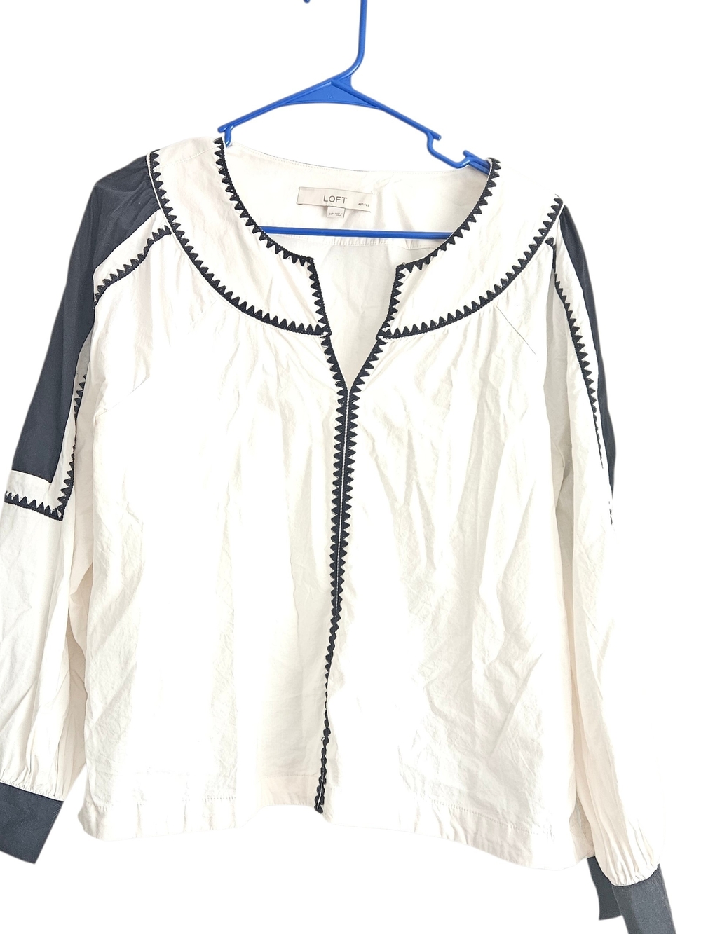 LOFT White Peasant Cotton Blouse Black Embrodiered Trim Size MP